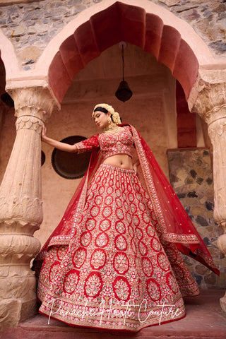 Tarunika Red Dupion Bridal Lehenga – Jahan Collection