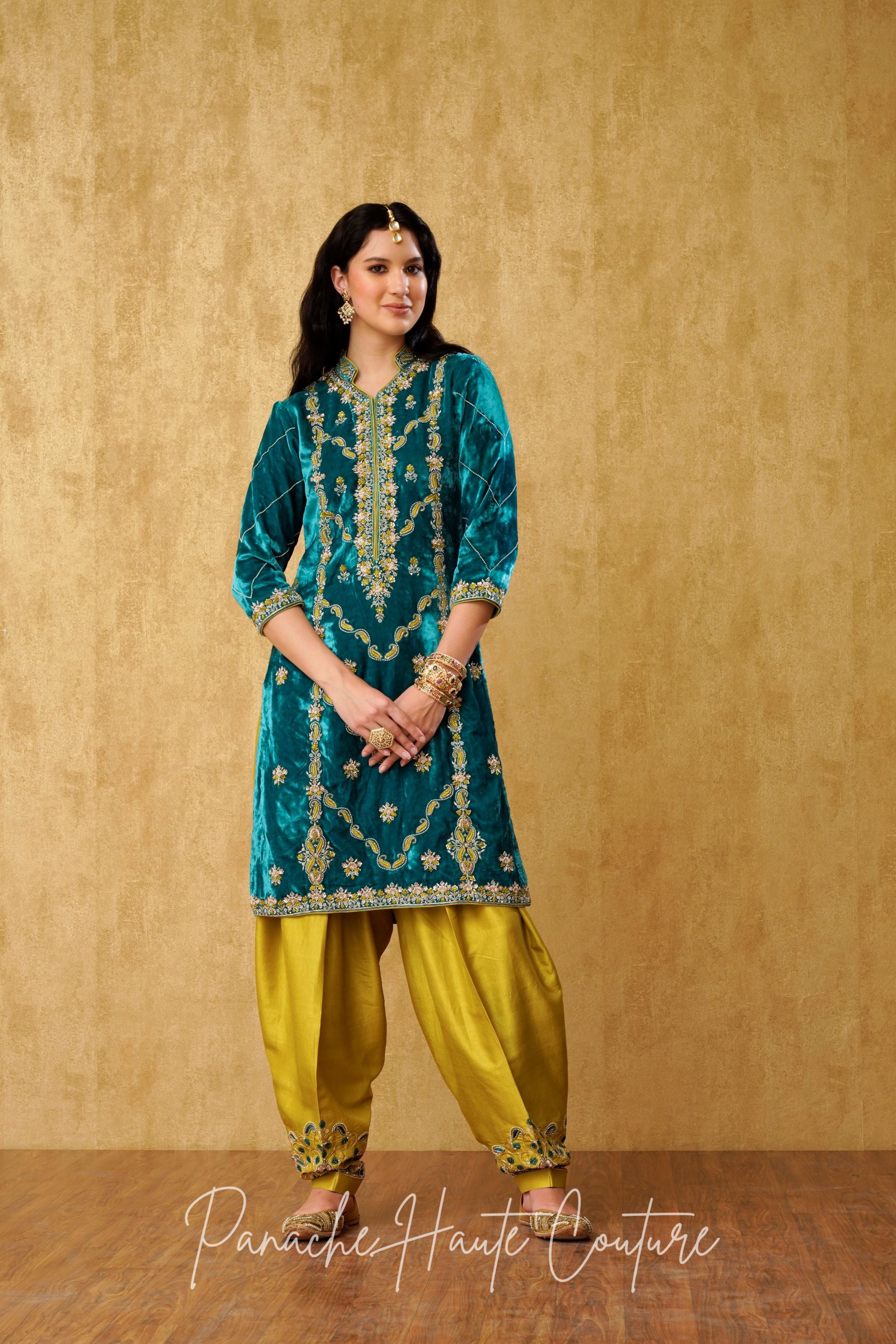 Teal Blue and Chartreuse Yellow Silk Punjabi Suit Elegant Ethnic Wear for Women
