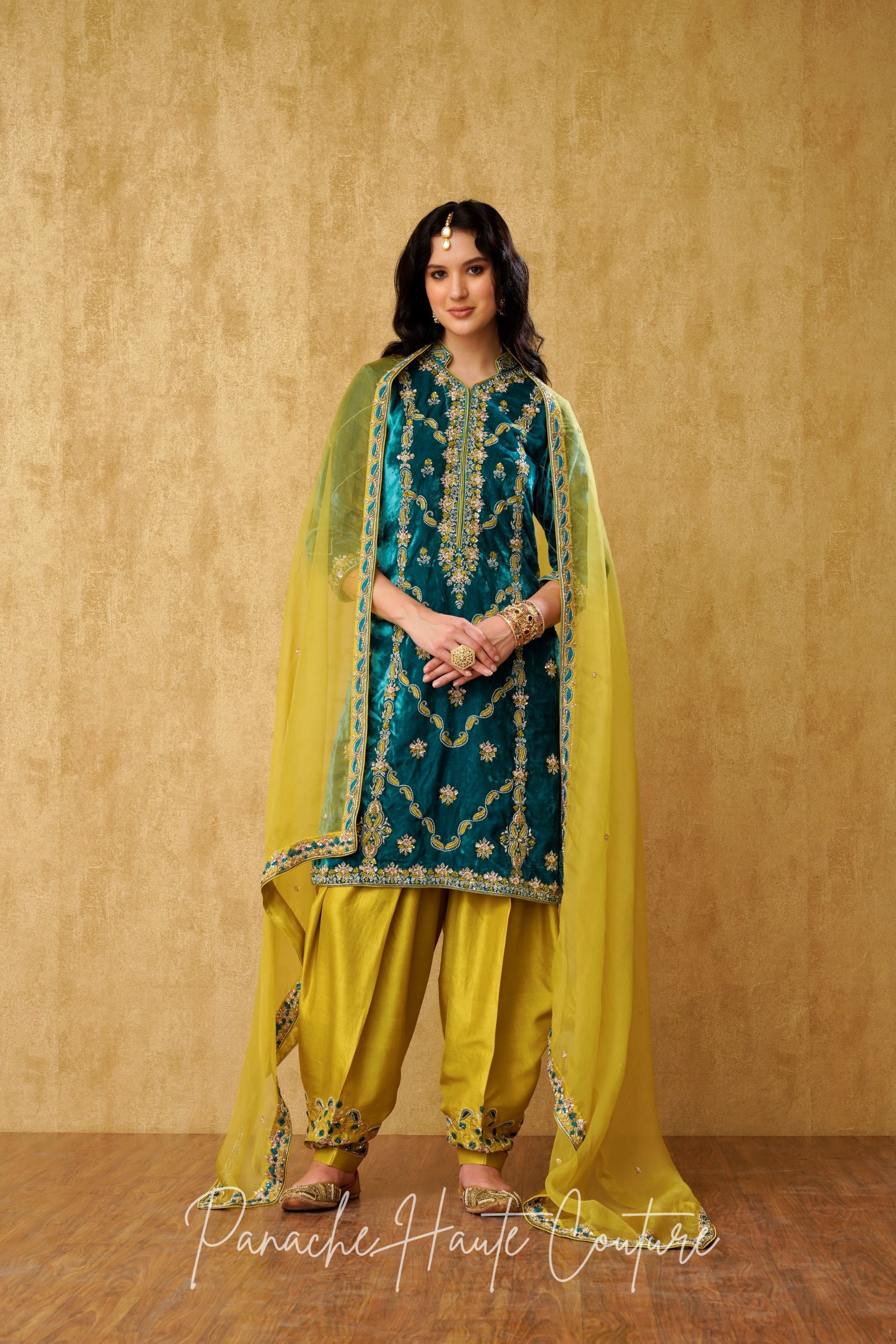 Teal Blue and Chartreuse Yellow Silk Punjabi Suit Elegant Ethnic Wear for Women