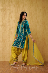 Teal Blue and Chartreuse Yellow Silk Punjabi Suit: Elegant Ethnic Wear for Women