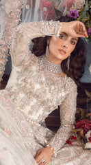 White Party Wear Anarkali Gown with Silver and Peach Embroidery