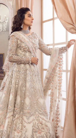 White Party Wear Anarkali Gown with Silver and Peach Embroidery