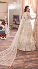 White Party Wear Anarkali Gown with Silver and Peach Embroidery