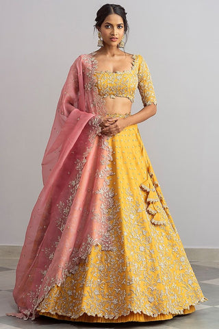 Exquisite Yellow Raw Silk Lehenga with Zardozi Embroidery
