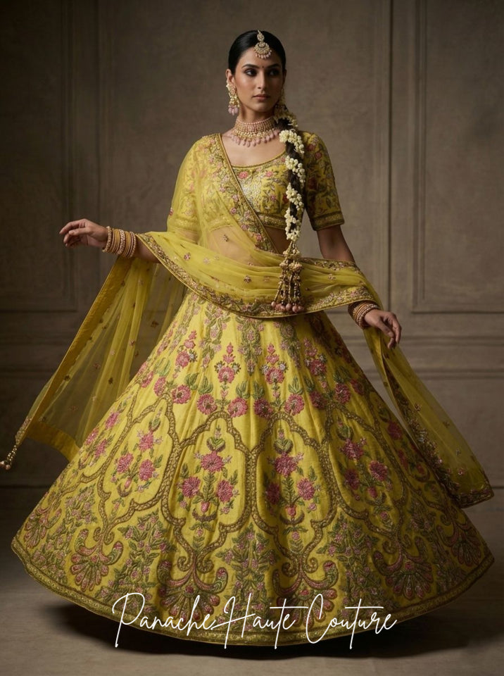 Yellow Dupion Silk Lehenga for Sangeet | Zardozi & Floral Embroidery