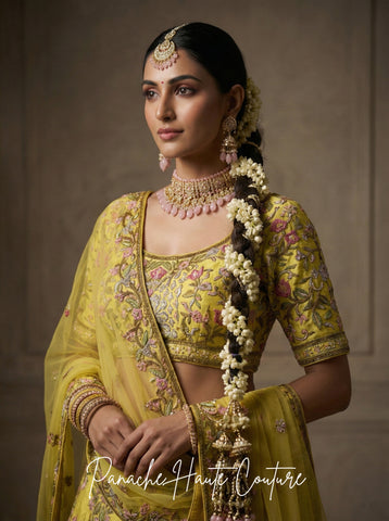 Yellow Dupion Silk Lehenga for Sangeet | Zardozi & Floral Embroidery