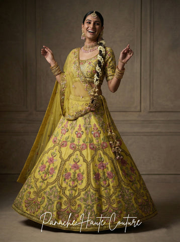 Yellow Dupion Silk Lehenga for Sangeet | Zardozi & Floral Embroidery