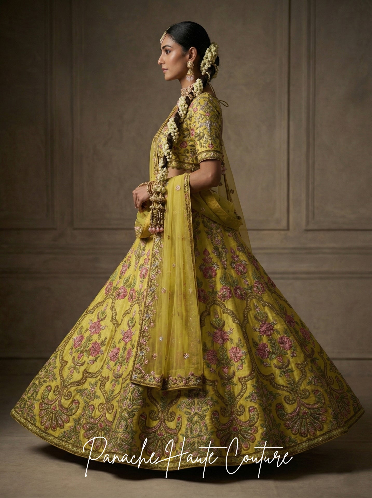 Yellow Dupion Silk Lehenga for Sangeet | Zardozi & Floral Embroidery