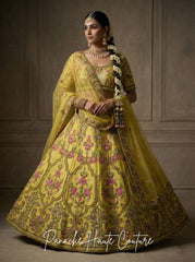 Yellow Dupion Silk Lehenga for Sangeet | Zardozi & Floral Embroidery
