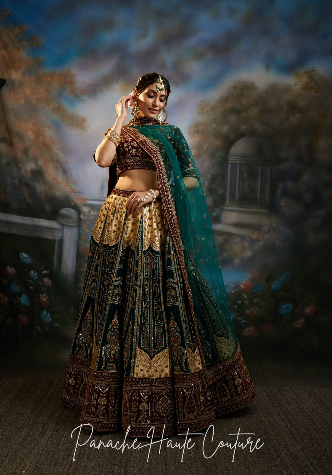 Zainab – Green & Gold Bridal Lehenga | Couture Bridal Wear silhouette