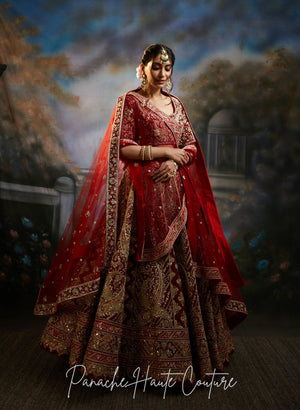 Zara Maroon Velvet Bridal Lehenga | Mughal Royalties Collection | Panache Haute Couture