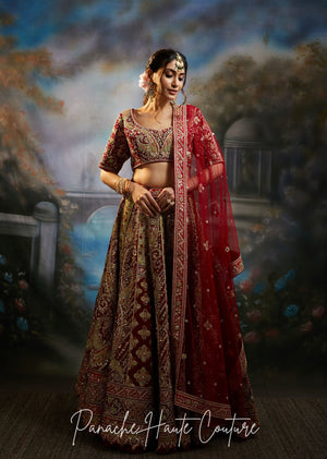 Zara Maroon Velvet Bridal Lehenga | Mughal Royalties Collection | Panache Haute Couture