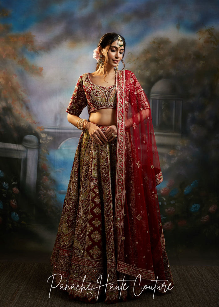 Zara Maroon Velvet Bridal Lehenga | Mughal Royalties Collection | Panache Haute Couture