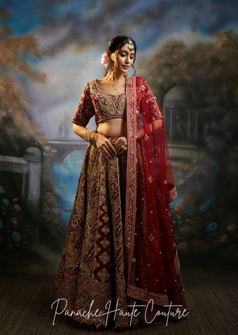 Zara Maroon Velvet Bridal Lehenga | Mughal Royalties Collection | Panache Haute Couture