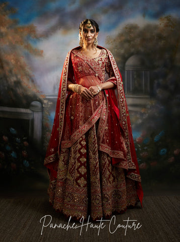 Zara Maroon Velvet Bridal Lehenga | Mughal Royalties Collection | Panache Haute Couture