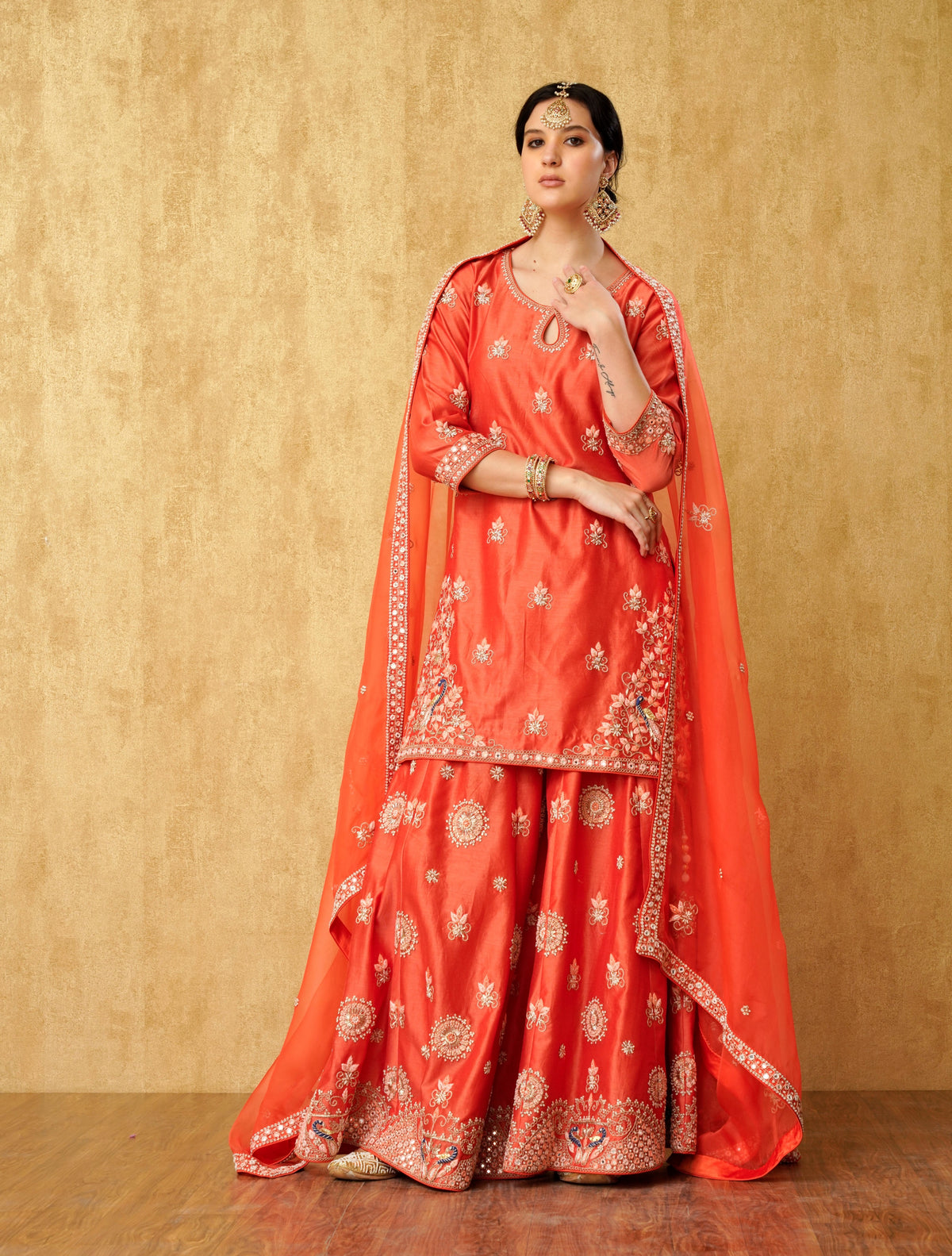 Coral Hand-Embroidered Sharara Set “Daneen” with Silk Organza Dupatta | Panache Haute Couture Sydney