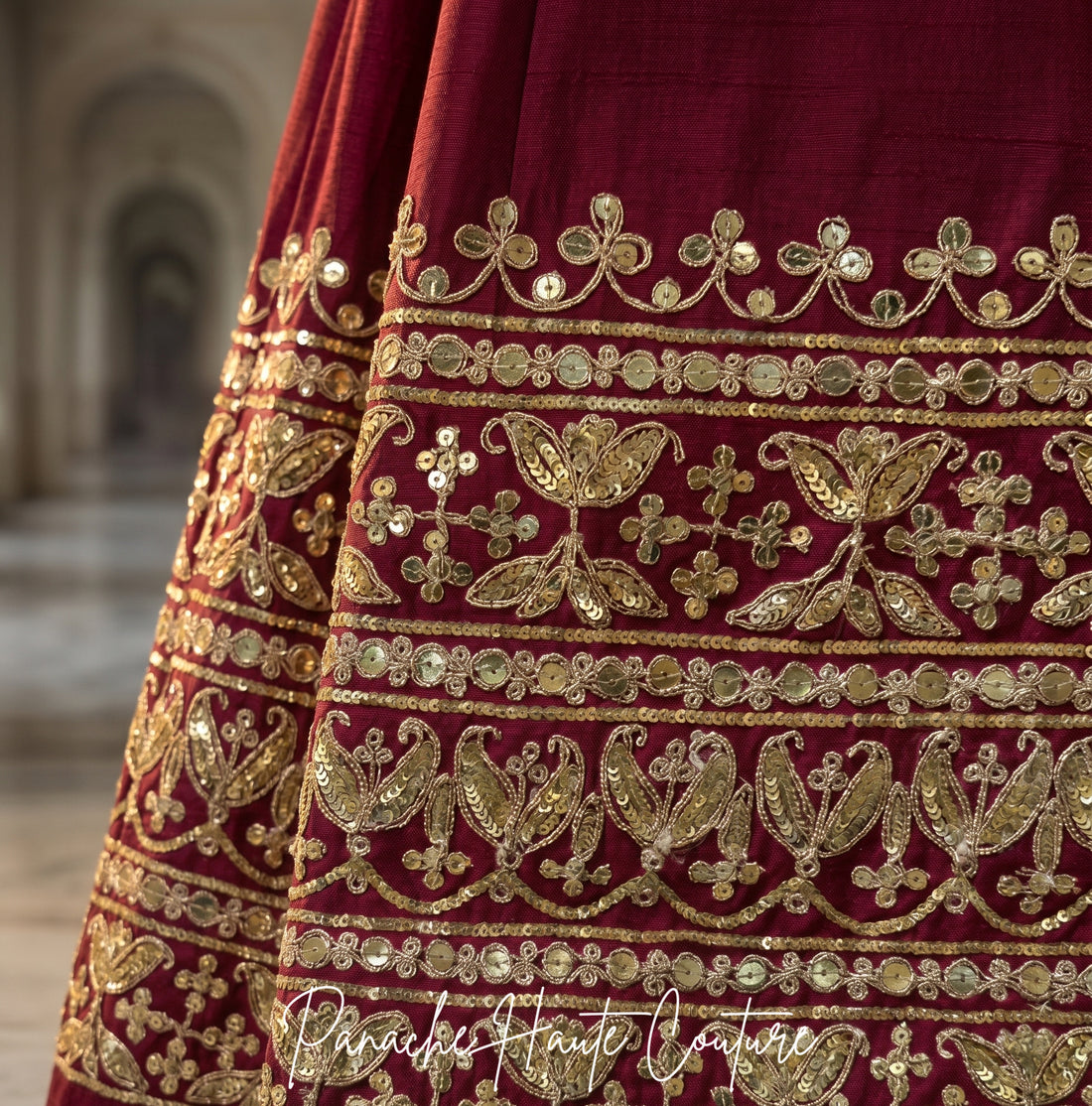 Avira – Blood Maroon Couture Wedding Anarkali hand-embroidery detail
