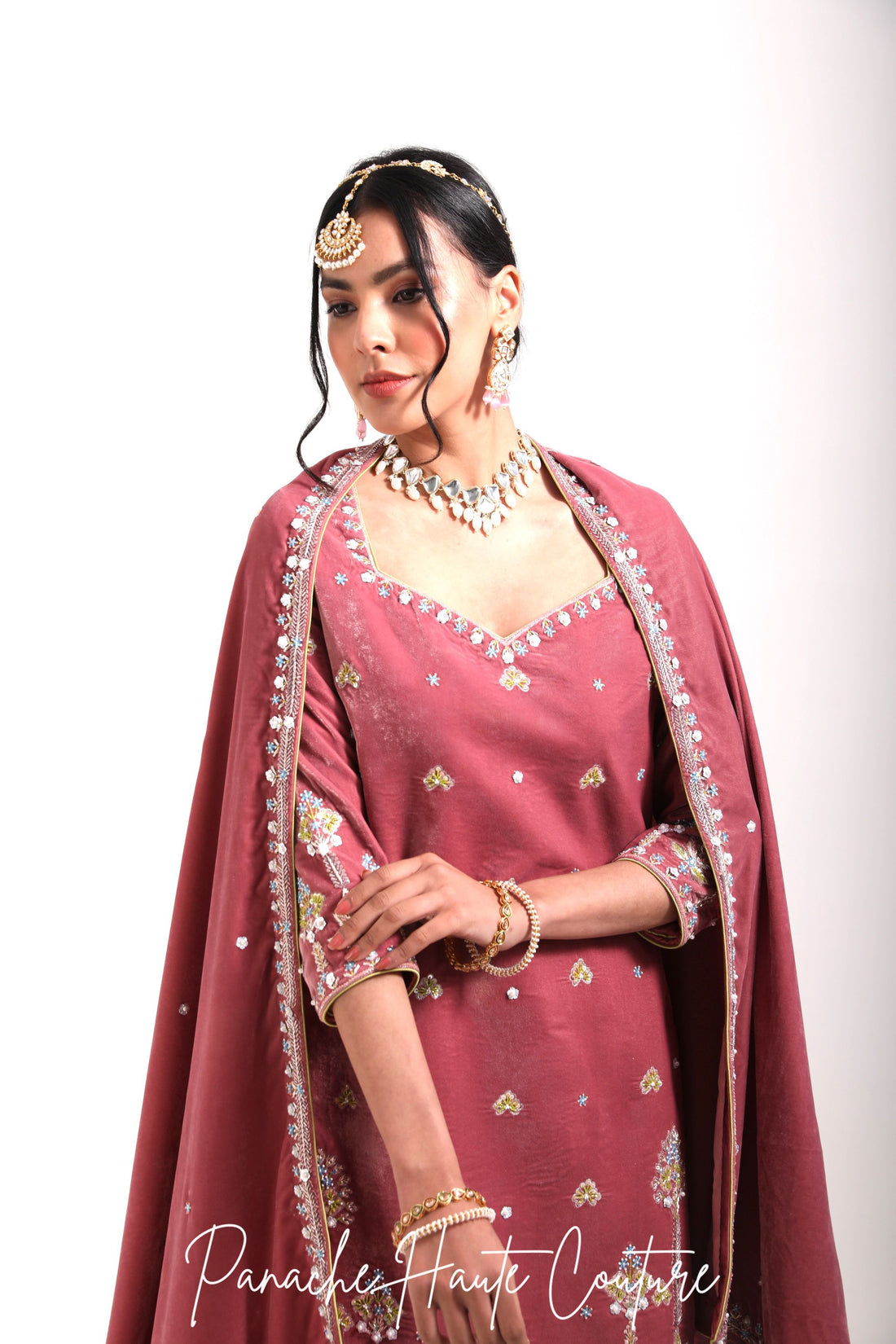 Yalina Rose Pink Velvet Sharara Set | Luxury Bridal Couture Ensemble hand-embroidery detail