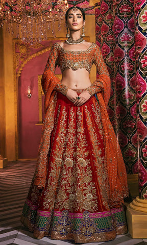 Shop Orange and Red Lehenga Online in USA with Gota Border and Dupatta –  Pure Elegance