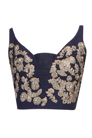 Dark Blue color embroidered blouse in raw silk