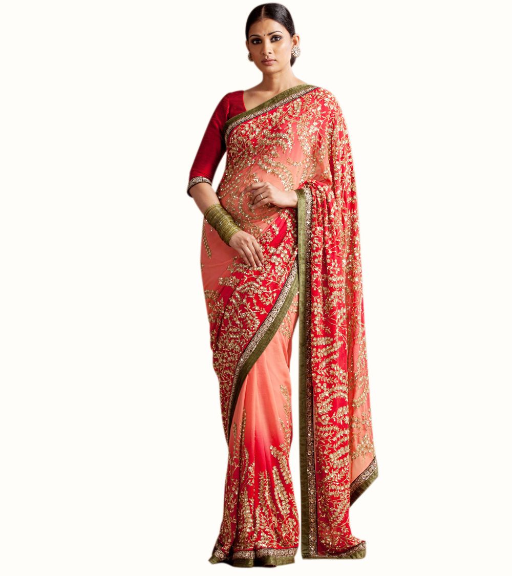Peach and Red Color Wedding Saree