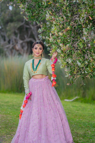 Dazzling Sweet lilac embroidered Partywear lehenga with frill border dupatta 