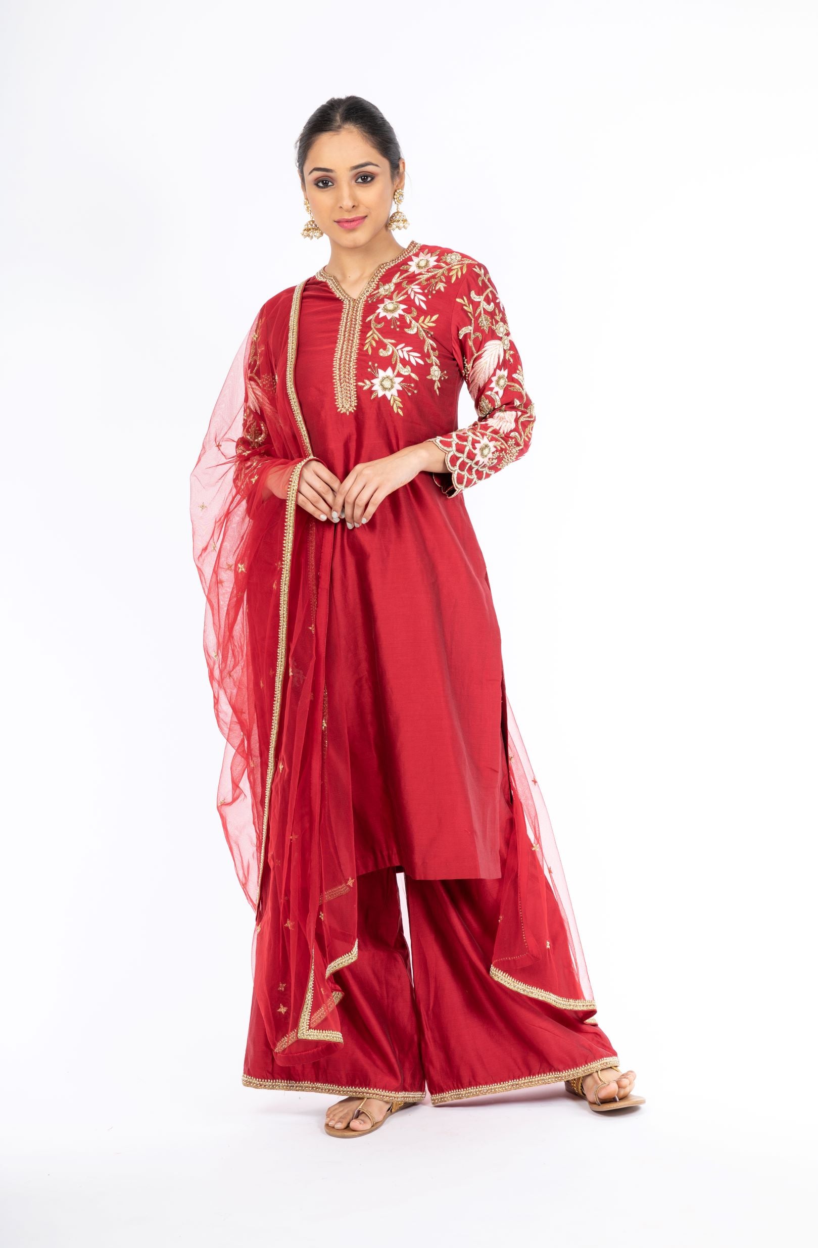Alluring Deep Red Chanderi Silk Salwar Kameez with Net Dupatta
