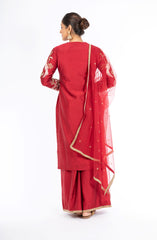 Alluring Deep Red Chanderi Silk Salwar Kameez with Net Dupatta