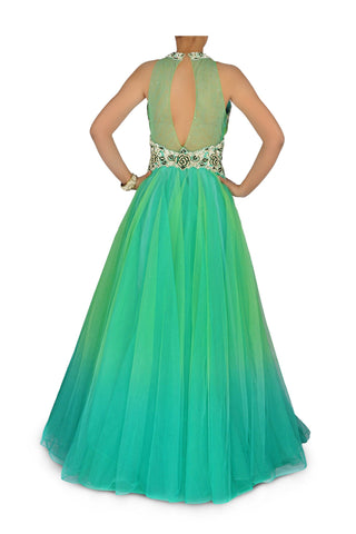 Aqua blue and green shaded Indo Western Bridal gown