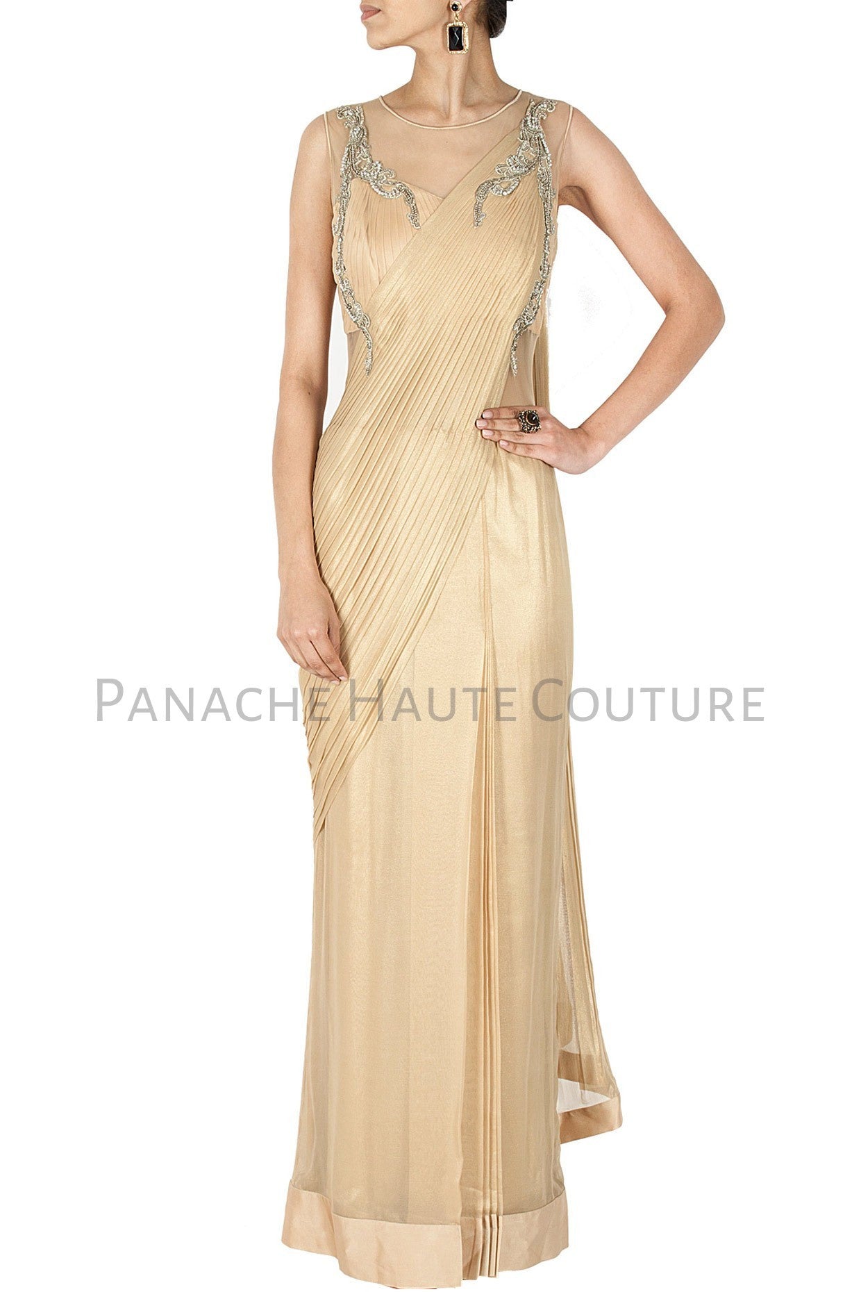 Buy now neige light beige saree gown with a feather-lined