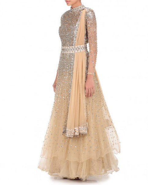 Beige Color Indo Western Gown in Tulle Net Fabric – Panache Haute Couture