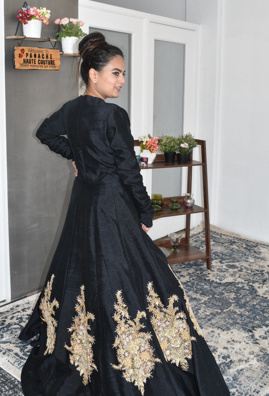 Black Color Gown in Raw Silk with Zardozi Embroidery