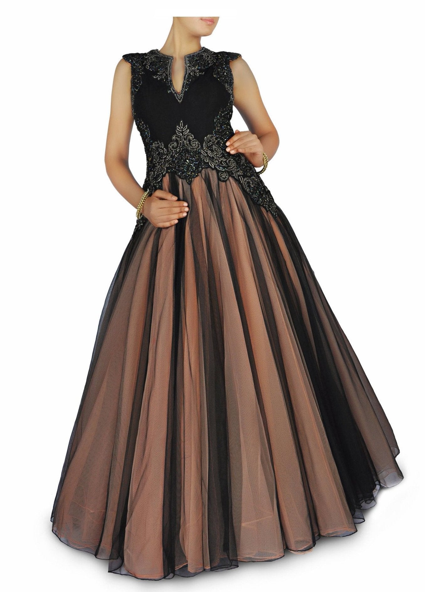 Sateen Silk Party Wear Ready made Gown In Black Color With Embroidery Work  - Gown - Sale