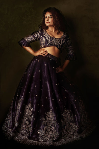 Blackberry Colour Silk Velvet Wedding Lehenga Set
