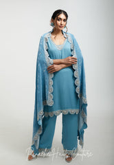 Sky Blue Color Silk Velvet Shawl