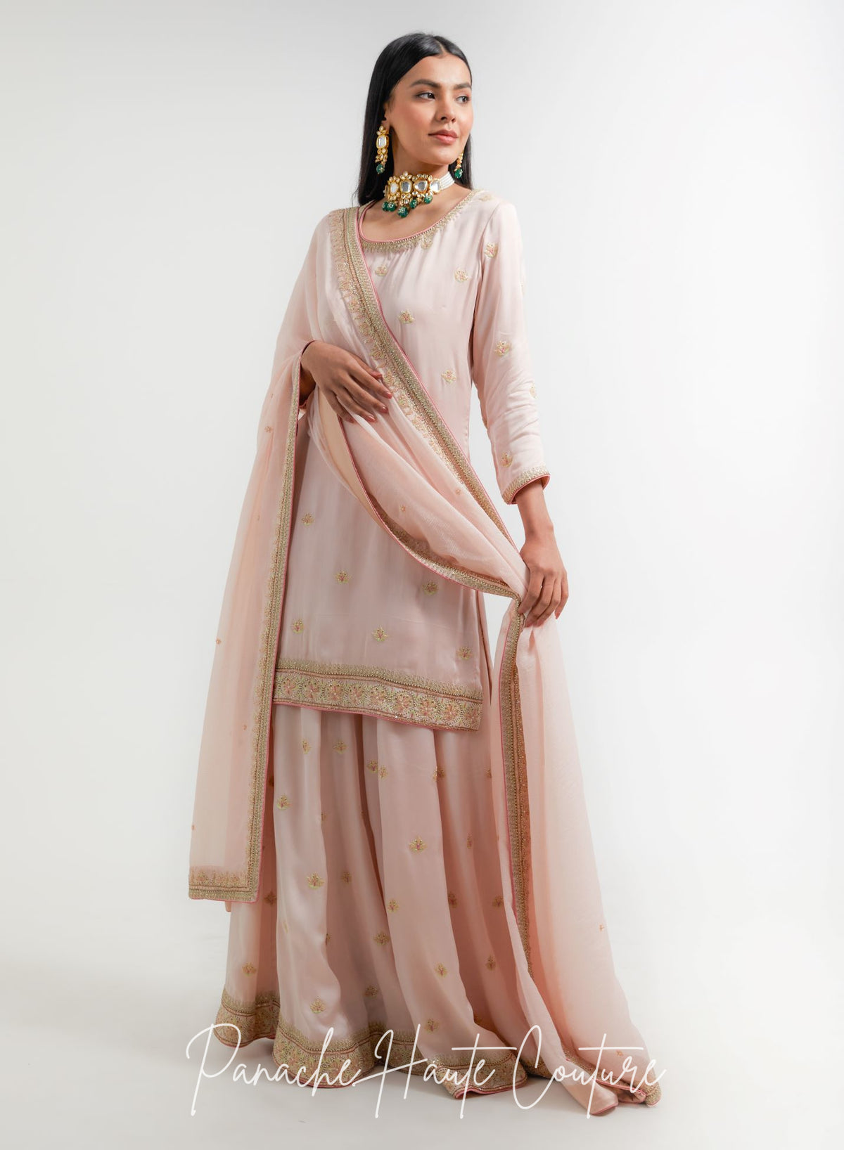 Blush Pink Satin Sharara Set with Hand Embroidery & Chiffon Dupatta | Luxury Designer Ethnic Wear