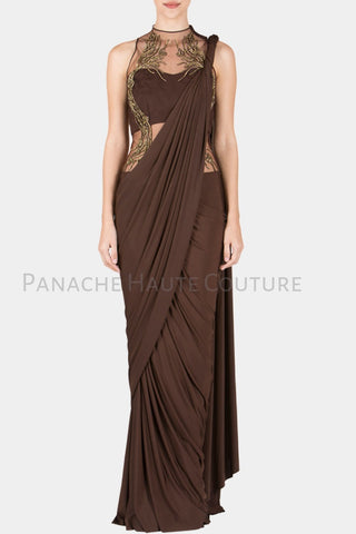 Grey Embellished Satin Saree Gown Design by Pooja Peshoria at Pernia's Pop  Up Shop 2024