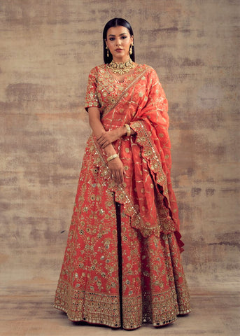Coral Color Raw Silk Lehenga with Mirror and Gotta Embroidery