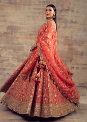 Coral Color Raw Silk Lehenga with Mirror and Gotta Embroidery