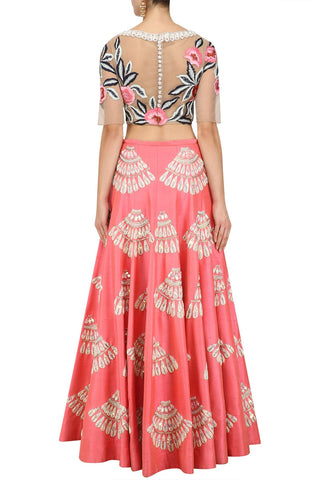Light Blue Tie Dye Chinon Pleated Lehenga and Crop Top Set with...