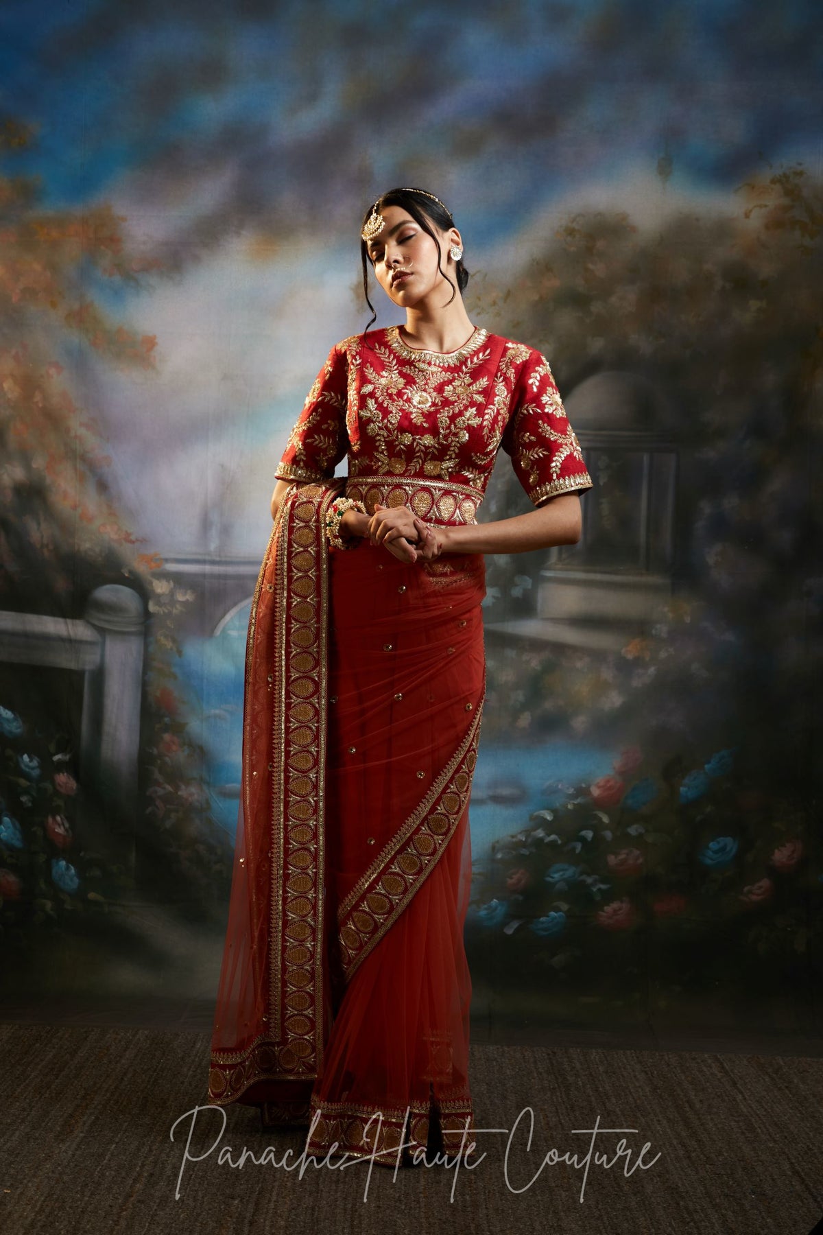 Miska | Coral Net Saree with Deep Red Embroidered Blouse