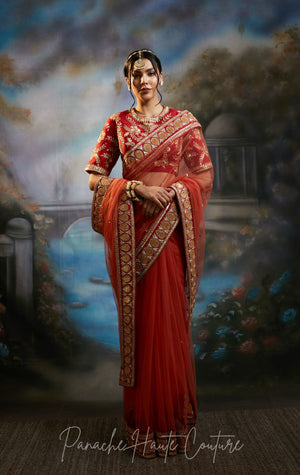 Coral and Deep Red Colour Saree from VIBGYOR Collection