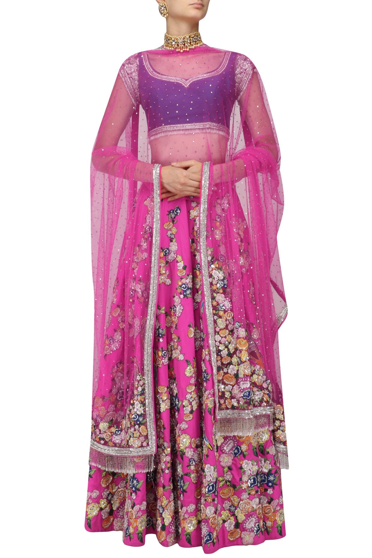 Dark Pink Color Lehenga With Blue Blouse