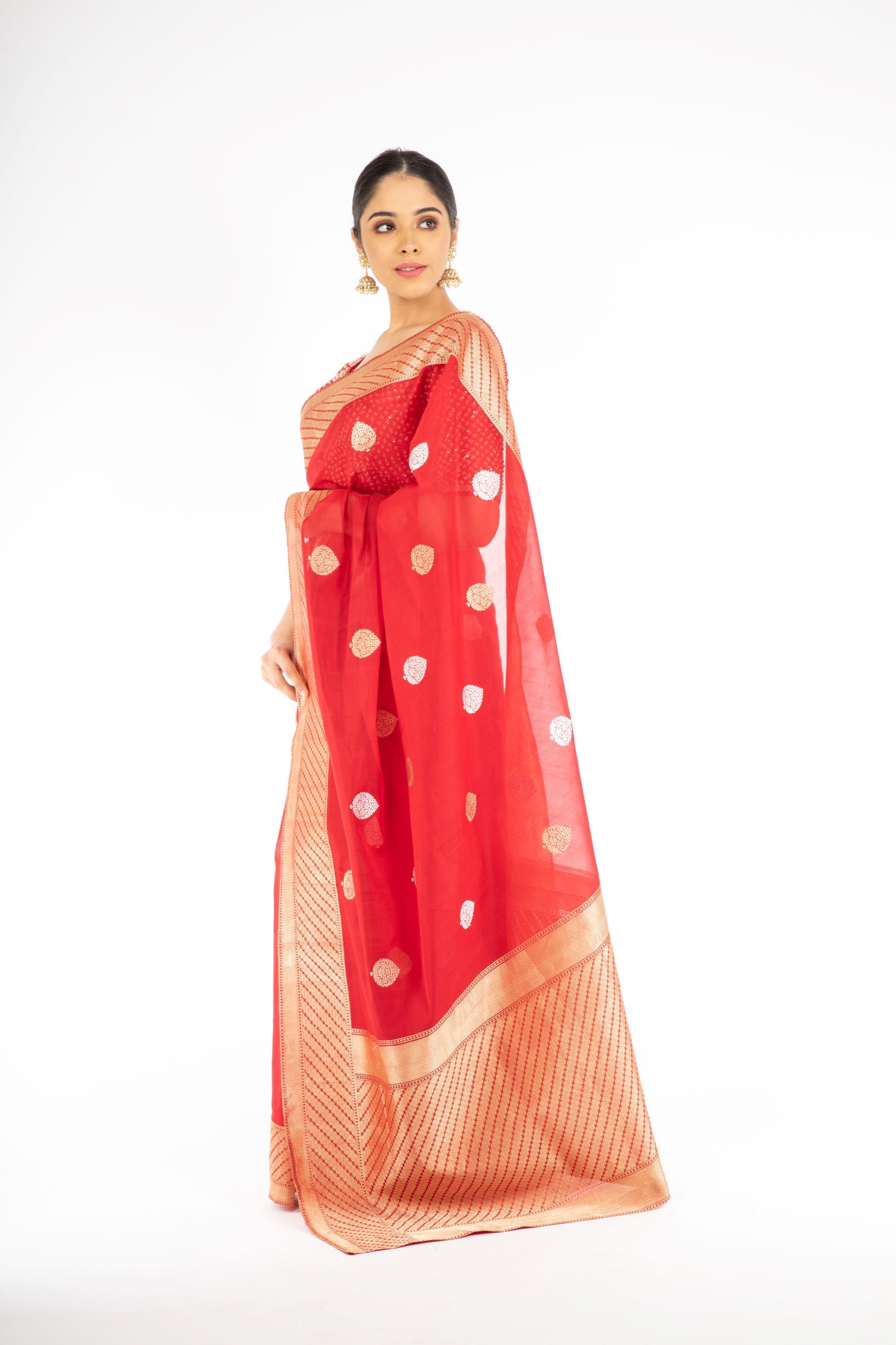 Dazzling Red Color Kora Silk Handloom Banarasi Saree with Sona Rupa Zari from Panache Haute Couture