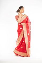 Dazzling Red Color Kora Silk Handloom Banarasi Saree with Sona Rupa Zari from Panache Haute Couture