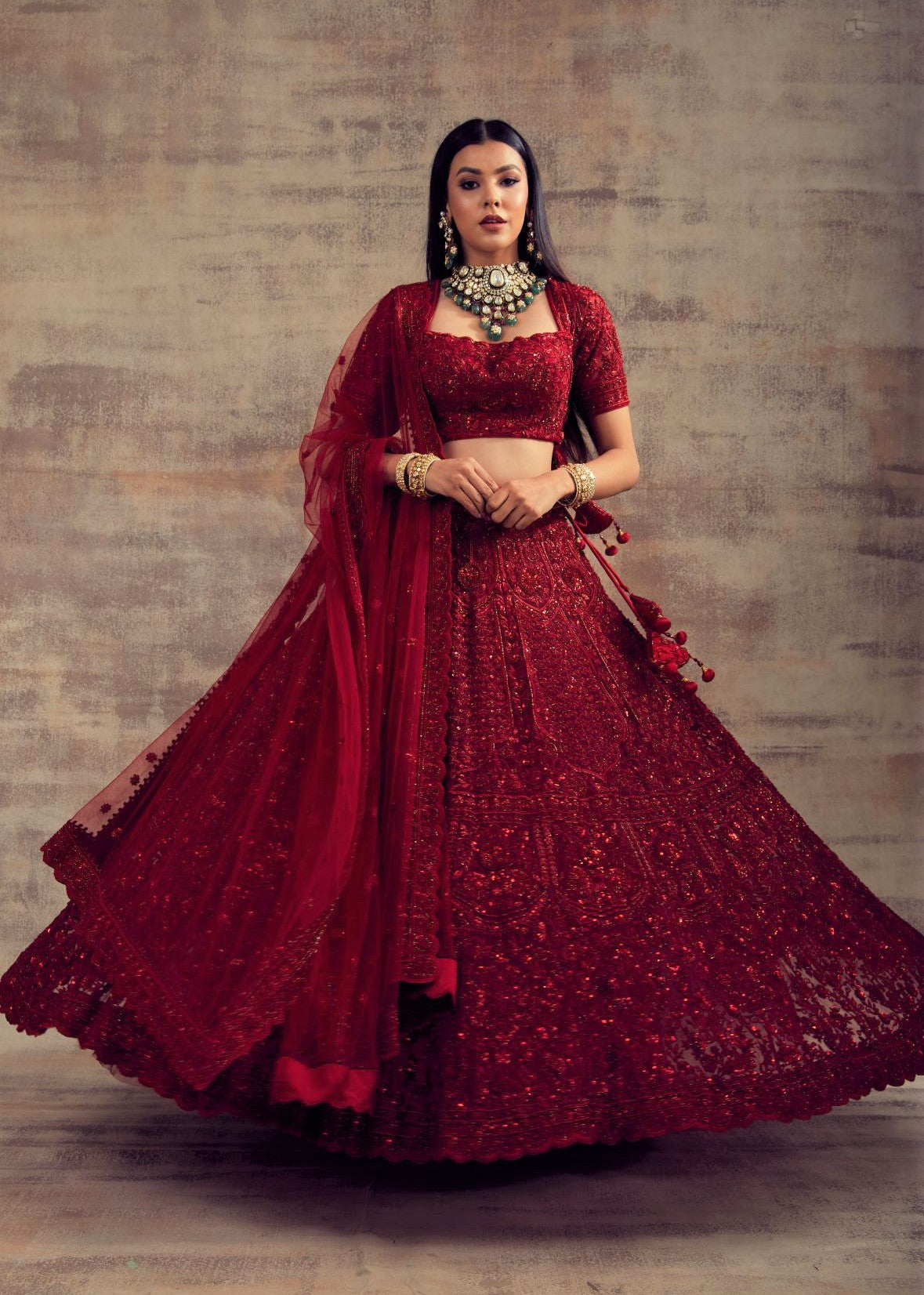 Deep Red Lehenga – Gulbarg with Monotone Hand Embroidery