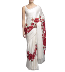 Designer saree in ivory color with floral embroidery by panache haute couture