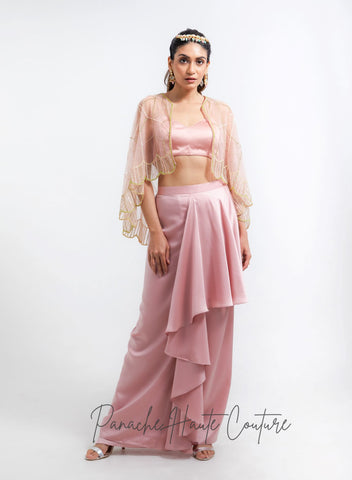 Dusty Pink Color Dhoti Skirt with Cape