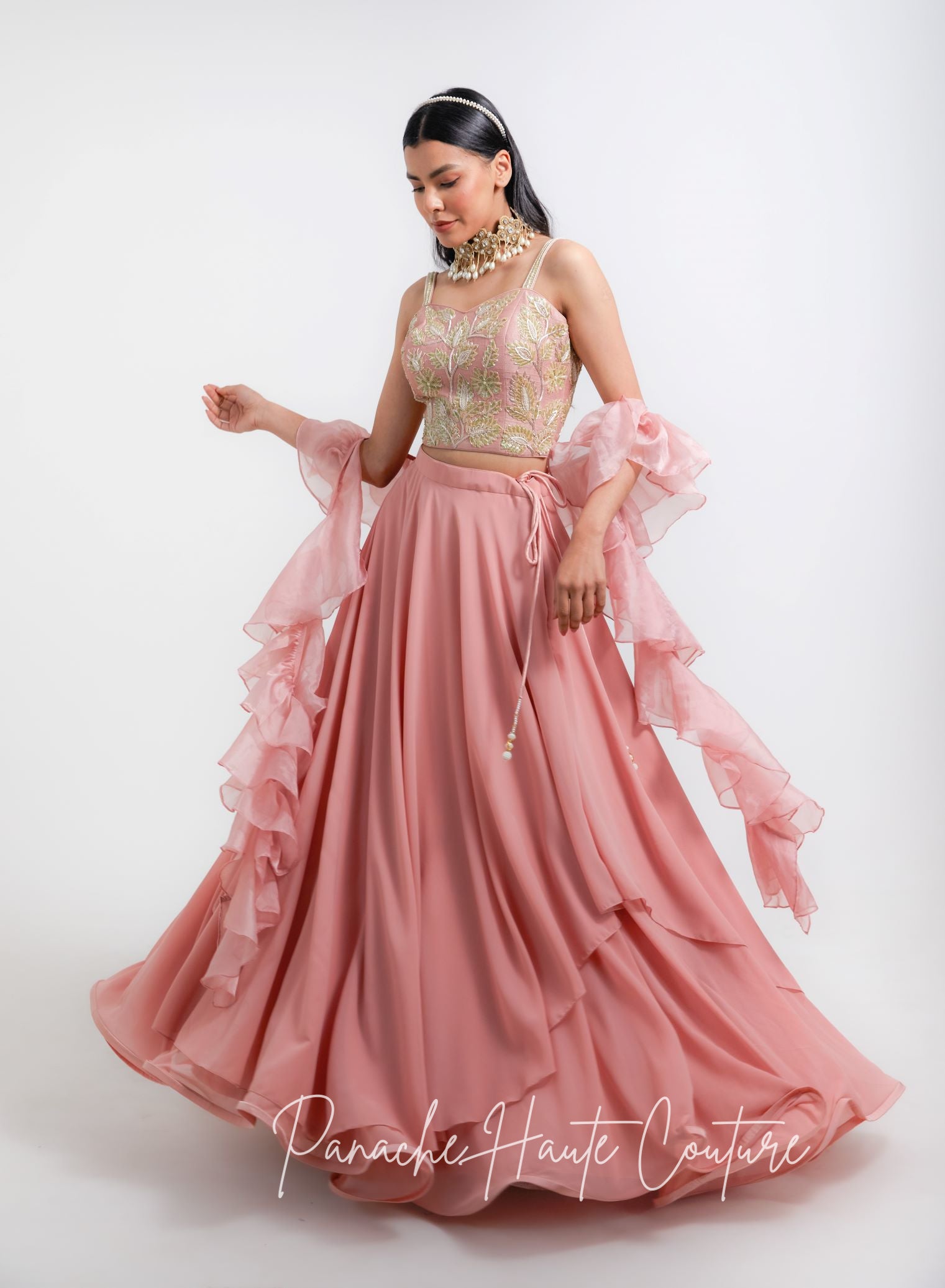 Pink Ruffle Silk Crop Top with Jacquard Skirt Set-Shrena Hirawat