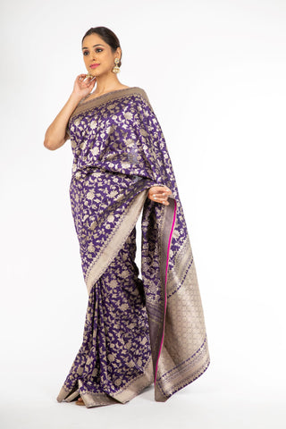 Elegant Violet Color Handloom Pure Silk Jangla Saree